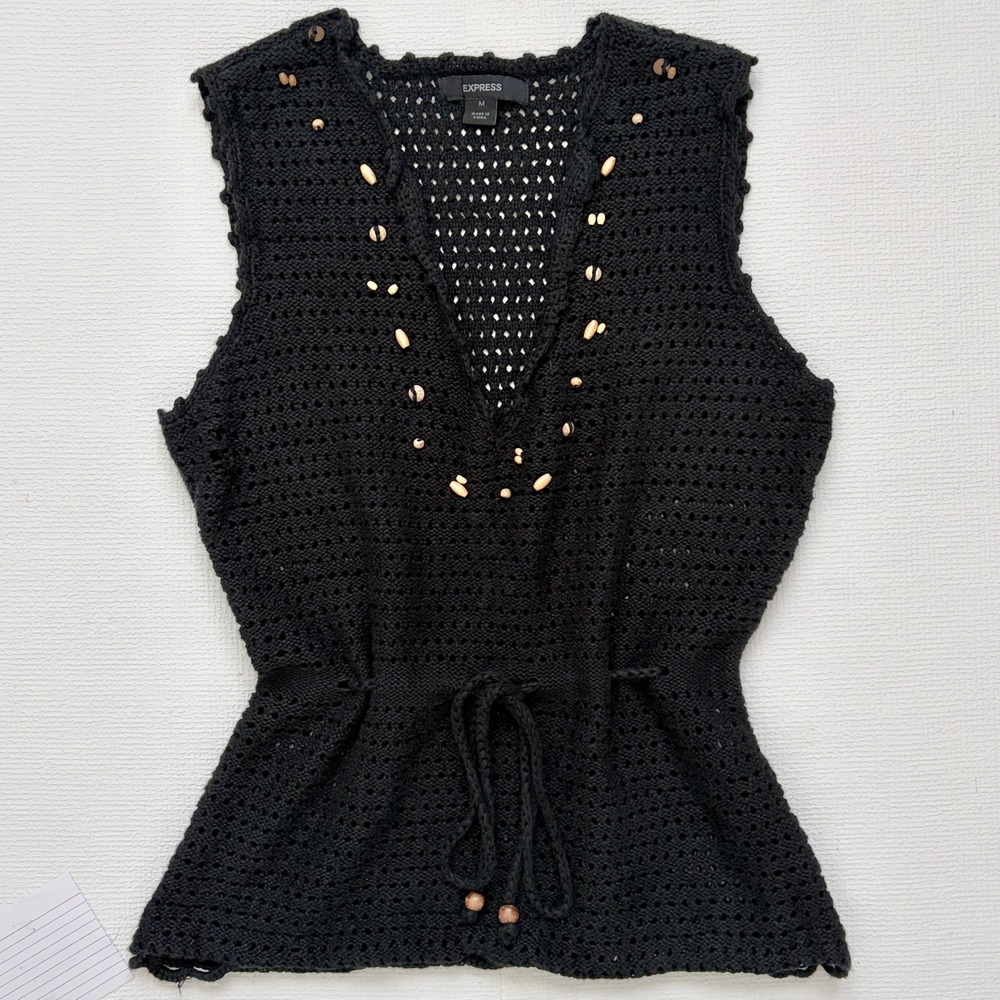 Express Vintage Crochet Vest Beaded Boho Knit Top Size M Black